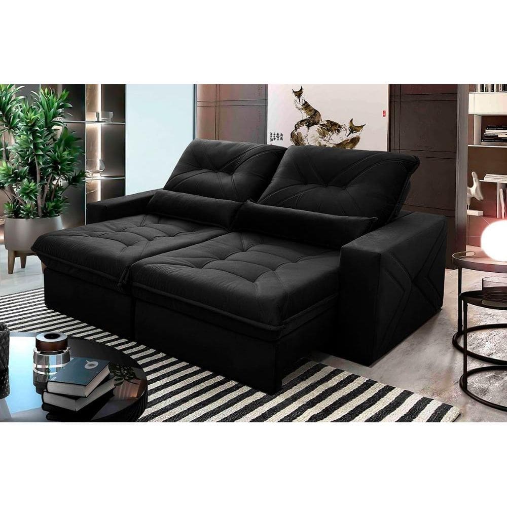 Sofá Retrátil Reclinável Sevilha 2,50m Suede Velut Preto Molas Ensacadas - King House