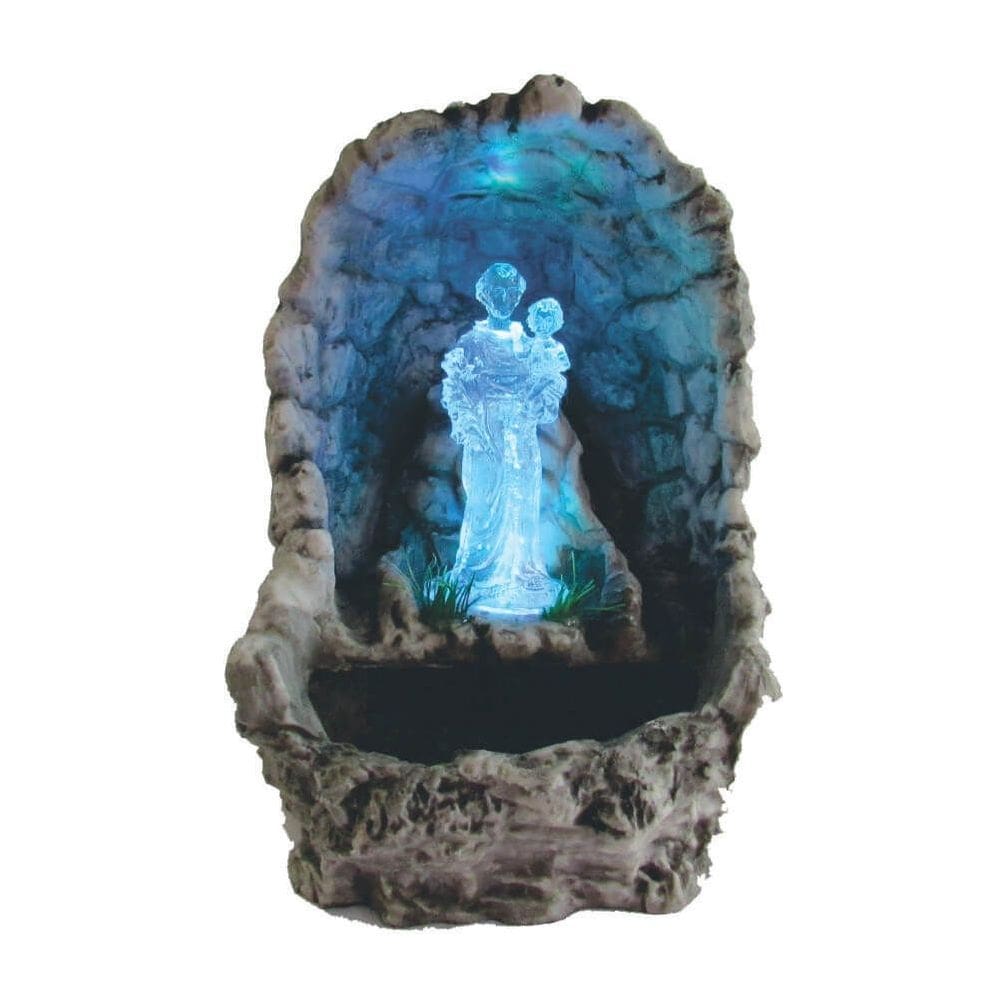 Fonte de água decorativa Santo Antônio gruta cascata luz colorida