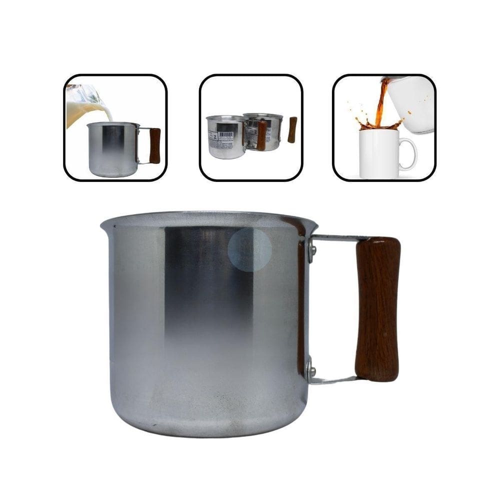 5 Fervedor Leite Caneca Alumino Polido Com Cabo Madeira 12Cm