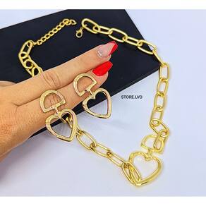 Kit Conjunto Colar e Brincos Corrente Elo Grosso Coração Mosquetão Folheado Ouro Dourado Prata Tendência Moda Blogueira