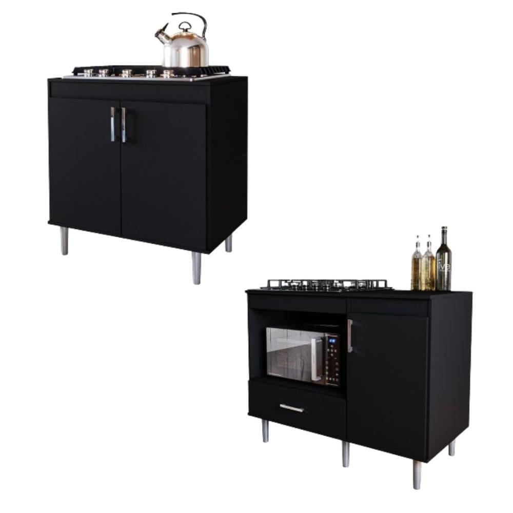 Kit 2 Balcão Para Cooktop 5 Bocas 0,80m e 1,05m Turim Preto