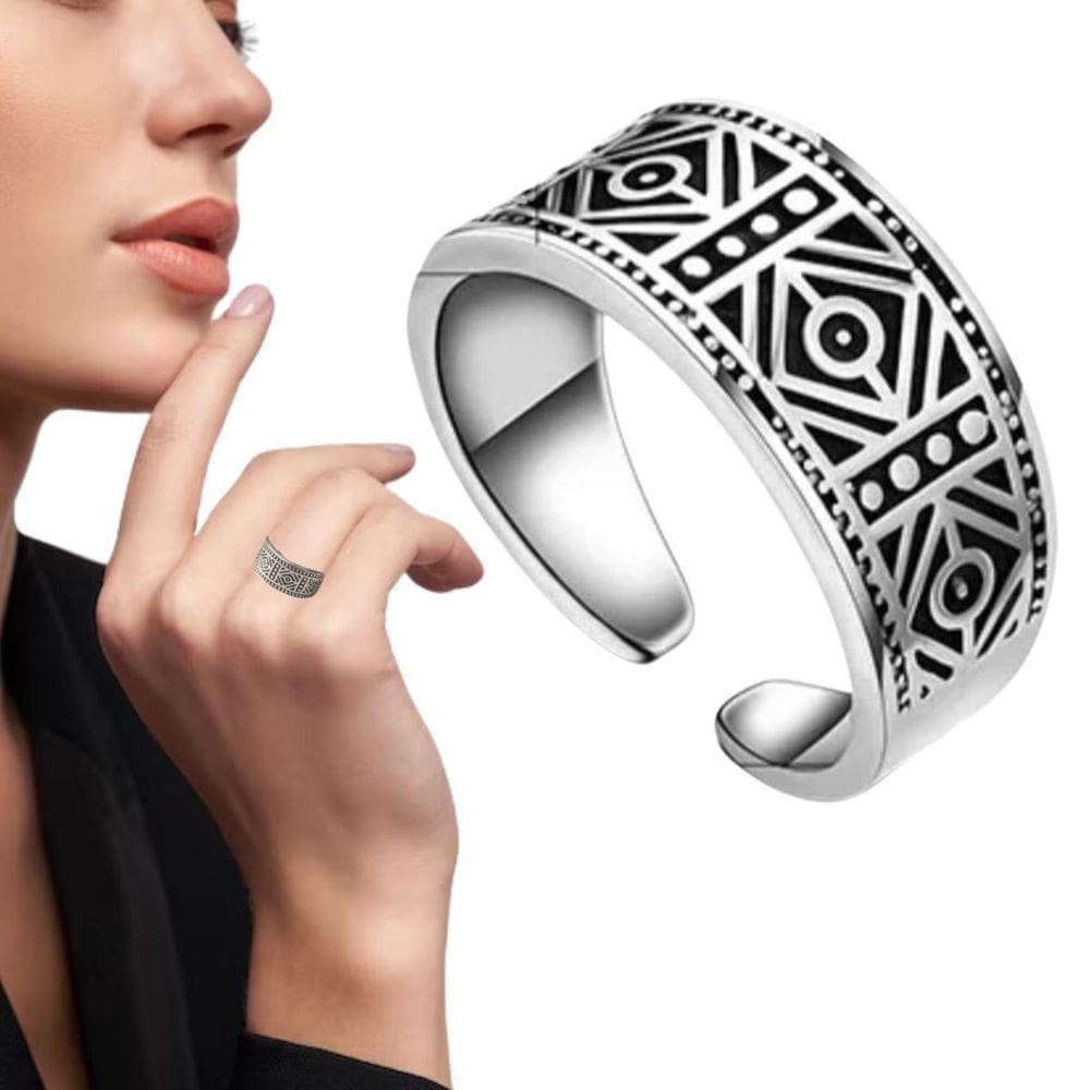 Anel Prateado Tribal Geométrico Delicado Regulável
