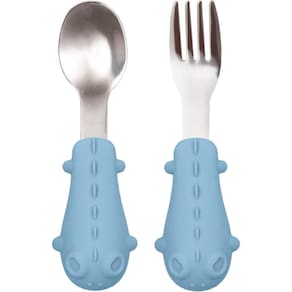 Kit Talheres Dino em Silicone e Aço Inoxidável - Azul - Buba