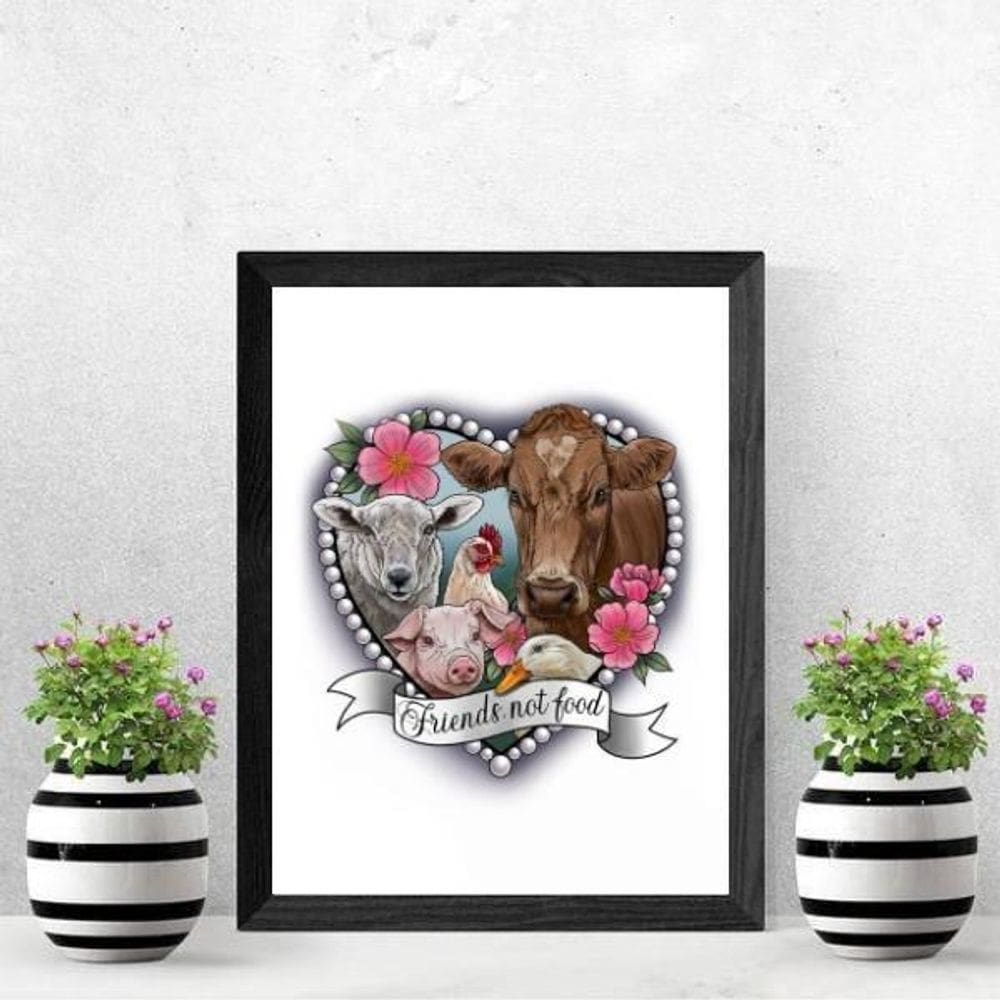Quadro Vegetariano Friends Not Food 24X18 Com Vidro - Preta