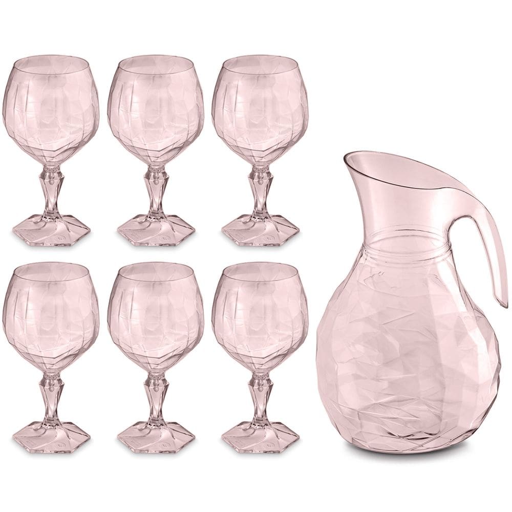 Kit Jarra 2,3L E 6 Taças 350ml Jogo De Plástico Refresco Tango Servir Água Suco Rosa Translúcido UZ