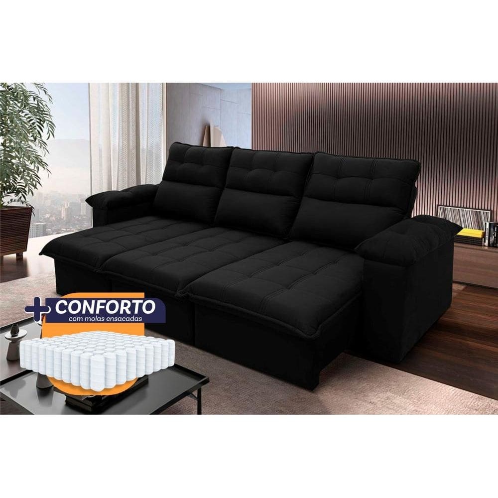 Sofá Retrátil Reclinável Verona 2,30m Suede Velut Preto Molas Ensacadas - King House