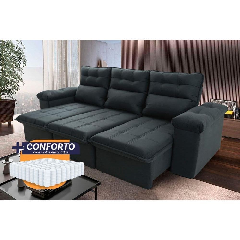 Sofá Retrátil Reclinável Verona 2,30m Suede Velut Cinza Lunar Molas Ensacadas - King House