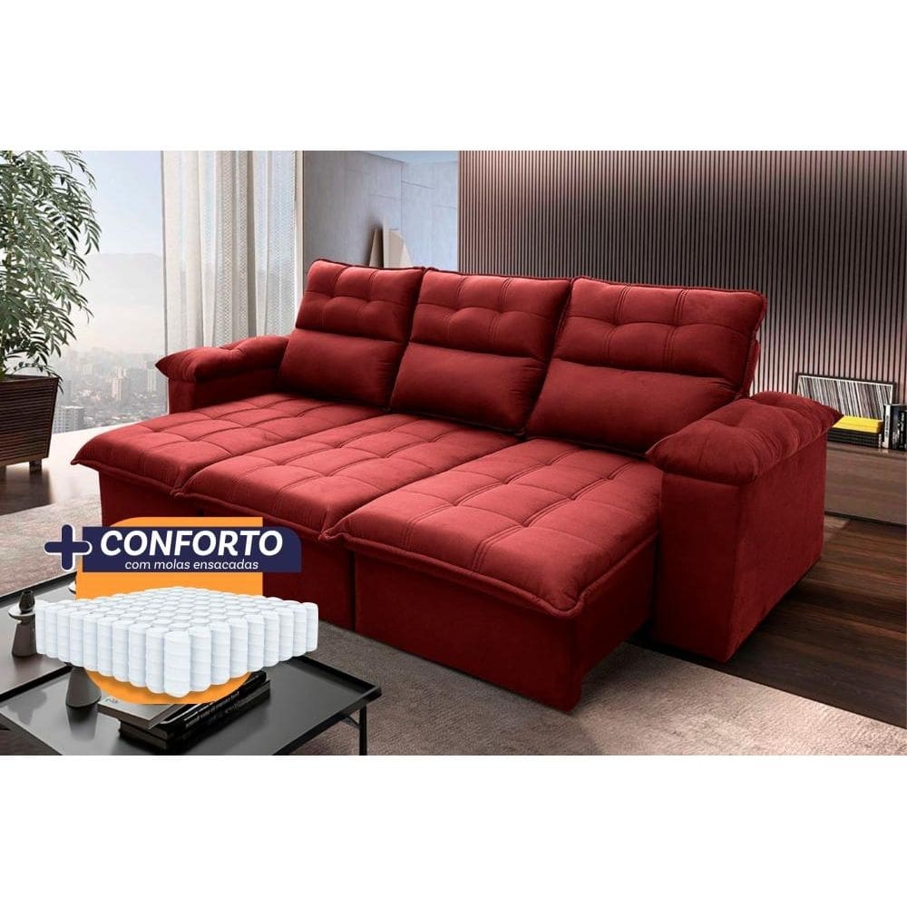Sofá Retrátil Reclinável Verona 2,30m Suede Velut Vermelho Molas Ensacadas - King House