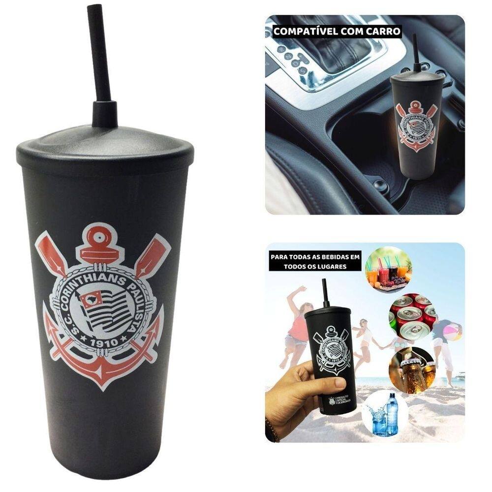 Copo Plástico Preto Tampa + Canudo 500Ml Time Corinthians