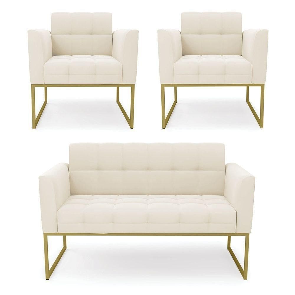 Kit 1 Sofá Namoradeira E 2 Poltronas Elisa Veludo Base Metálica Industrial Dourado - D`rossi Cor Bege