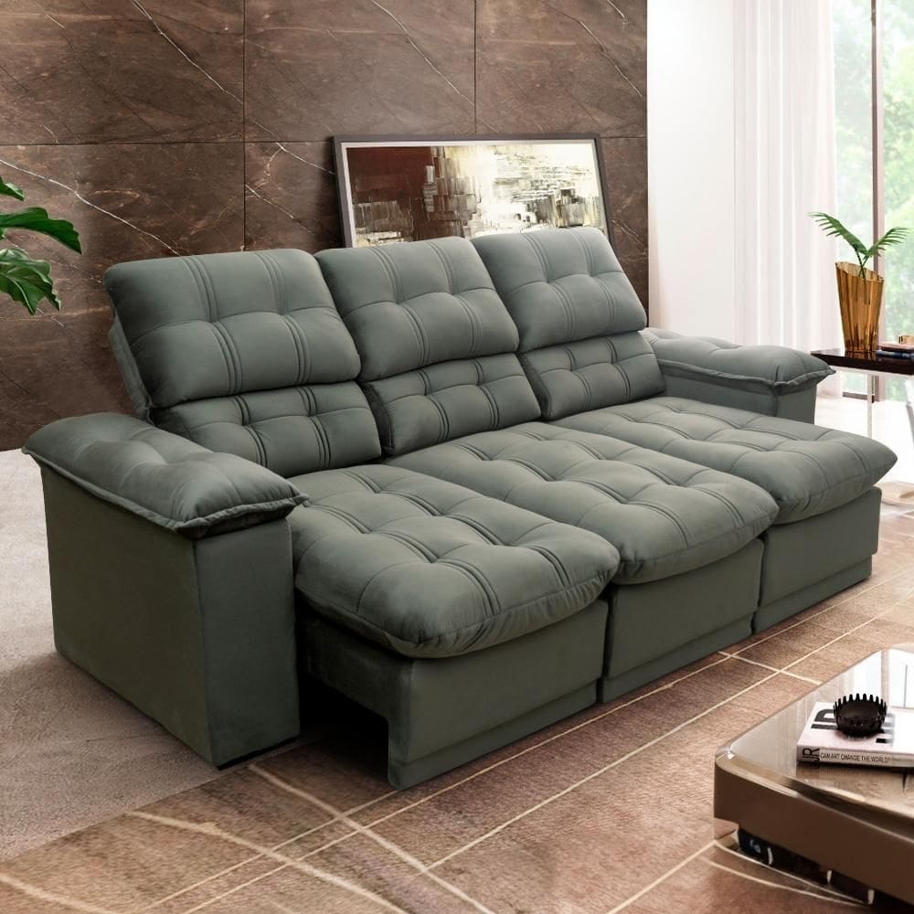 Sofá Retrátil Reclinável Atenas 2,30m Suede Velut Cinza Molas no Assento - King House