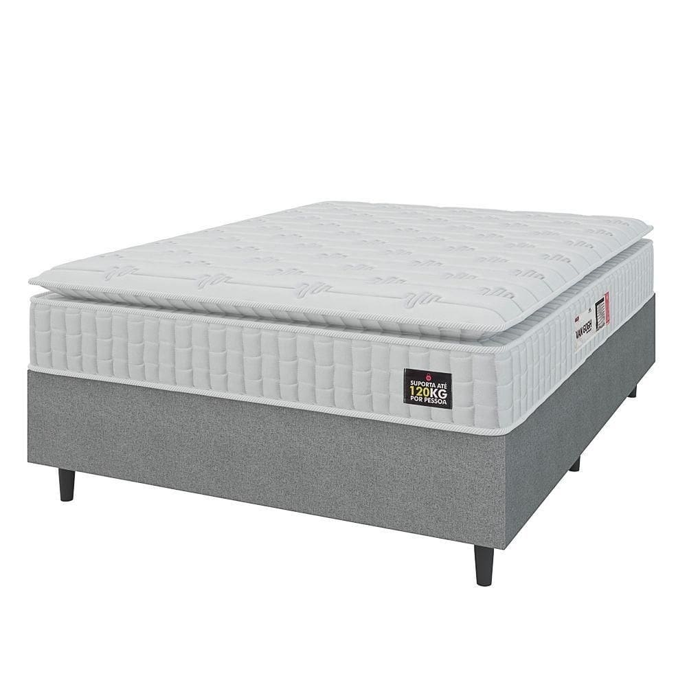 Cama Box Colchão Casal Espuma D33 Vangogh Pillow Top 138x188x67cm Branco-Cinza Hellen Suporta até 120kg por Pessoa