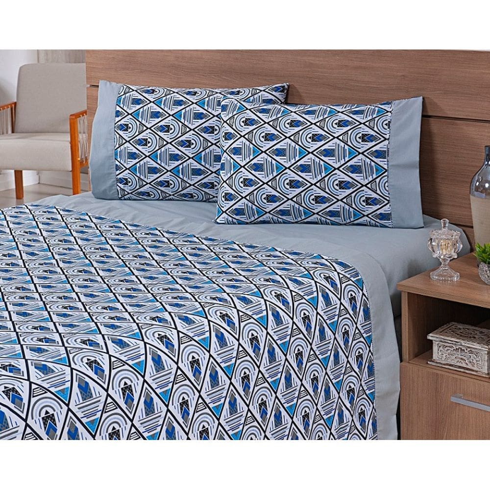 Jogo Lençol 4 Peças Cama Viúva 2,03mx1,20mx30cm 100% Algodão 200 Fios Ponto Palito Losangos Cinza