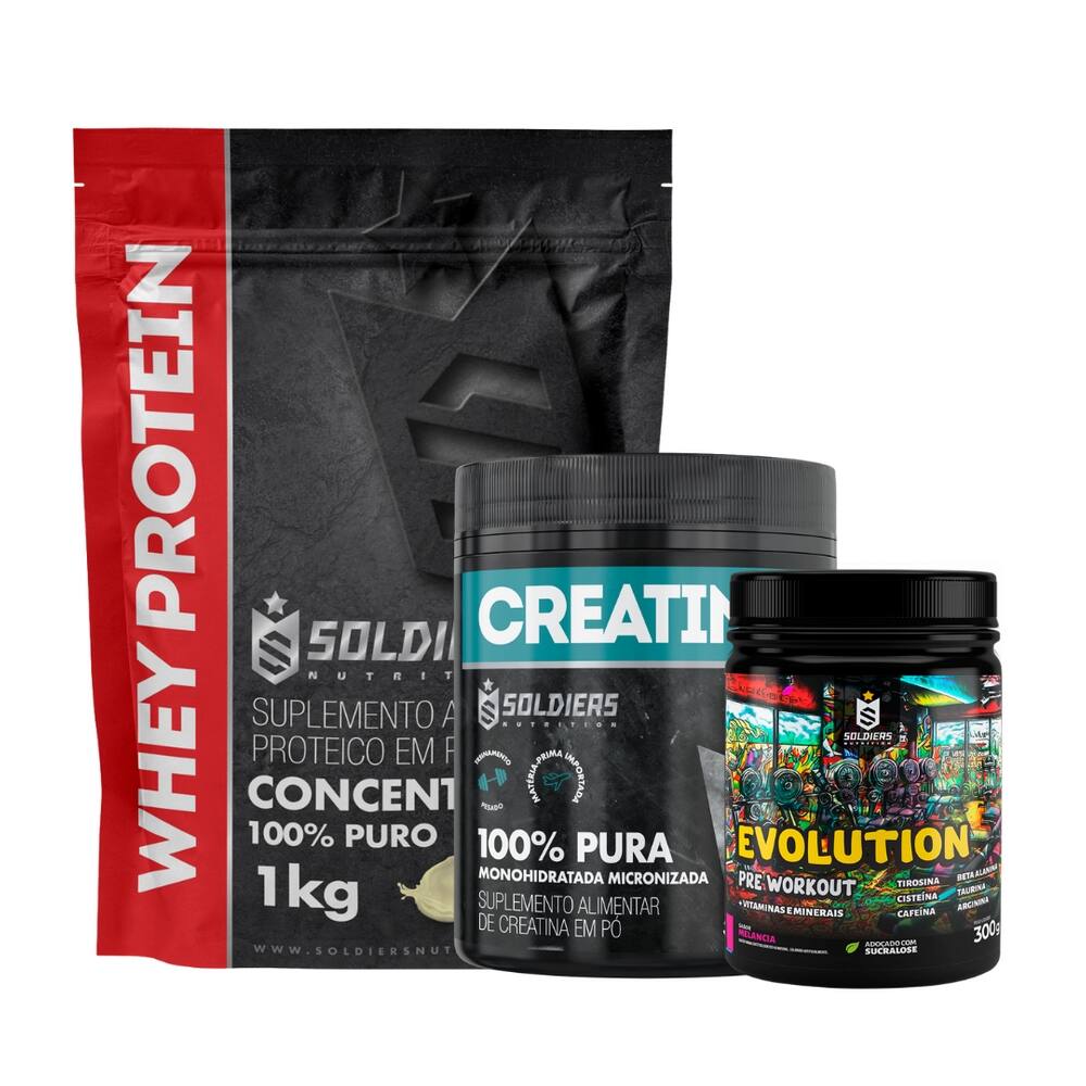 Kit: Whey Protein Concentrado 1kg+Creatina Monohidratada Pote 300g - 100% Pura+Pré-Treino Evolution Pré Workout 300g - S