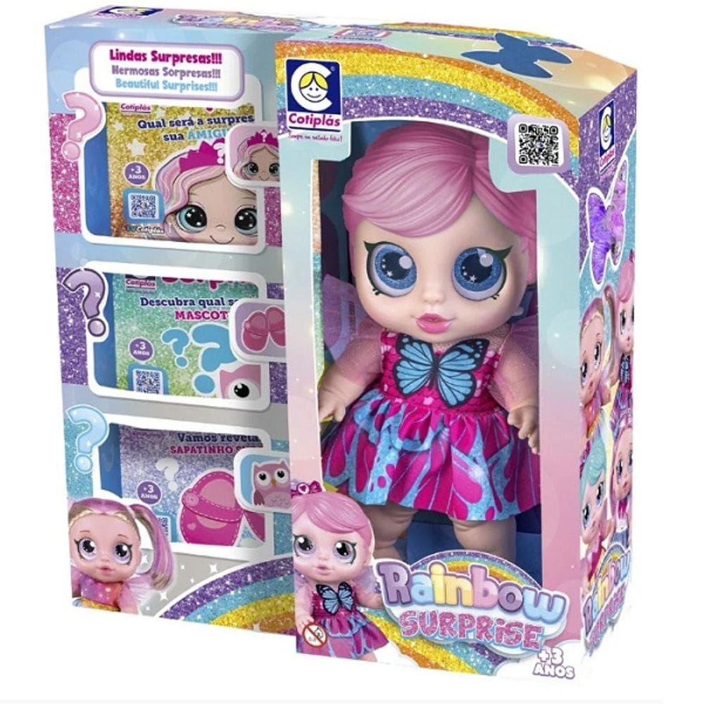 Boneca Rainbow Surprise Cabelo Rosa com Mechas Cotiplas