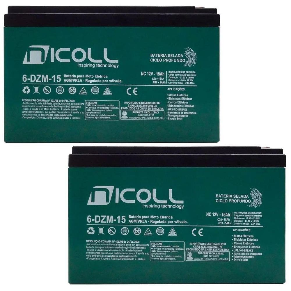 Kit 2 baterias cinza bike elétrica 12v 15ah nicoll