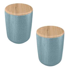 2x Porta Algodão Cotonete OU Ceramica Azul c/ Tampa Bambu