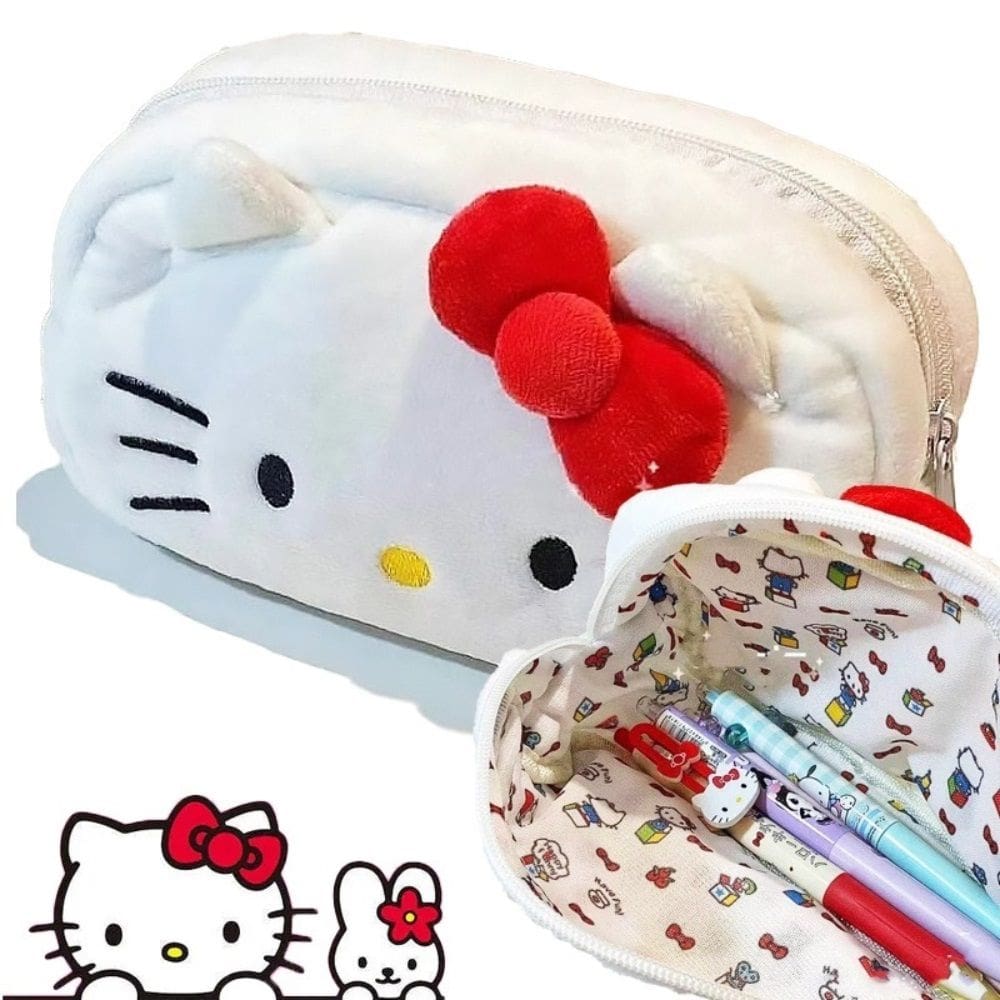 Estojo Escolar De Pelúcia Hello Kitty Branco Sanrio Divertido Decorado | Menina | Papelaria Fofa Kawaii