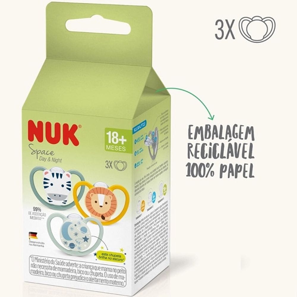 Kit com 3 Chupetas de Silicone 18+ Meses Space Neutra NUK