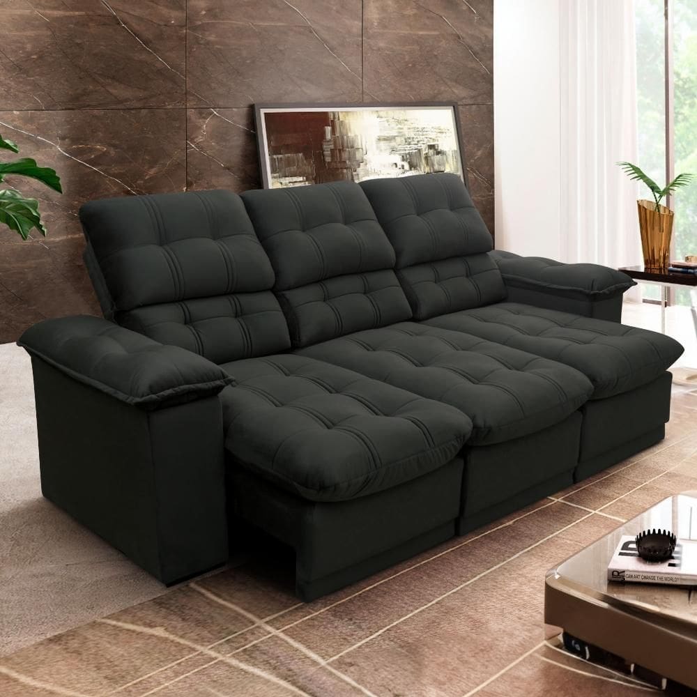 Sofá Retrátil Reclinável Atenas 2,30m Suede Velut Preto Molas no Assento - King House