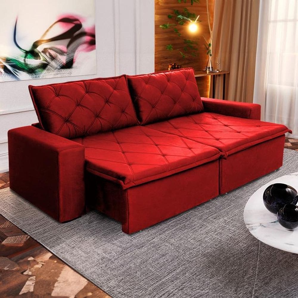 Sofá Cama Bangkok Sem Caixa 2,50m Retrátil e Reclinável Com Molas Velut Vermelho - King House