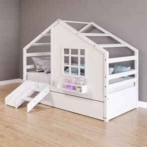 Bicama Casinha com Janela com Escada/Escorregador Madeira Maciça Branco Housin