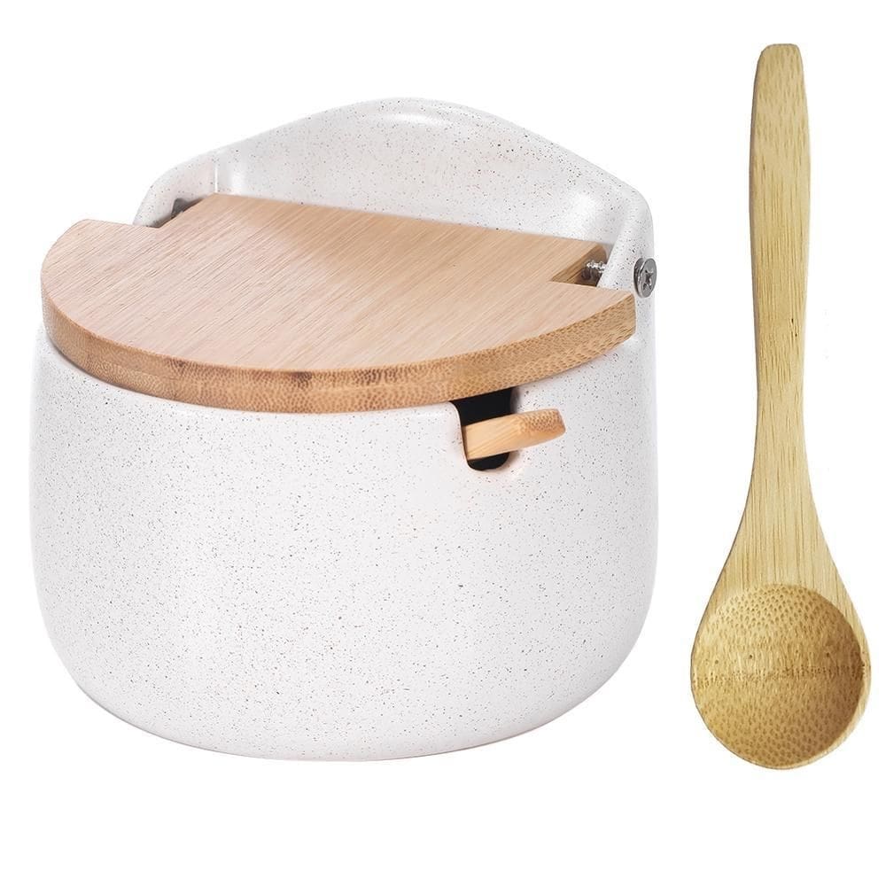 Saleiro Açucareiro Porcelana De Mesa Tampa Em Bambu E Colher