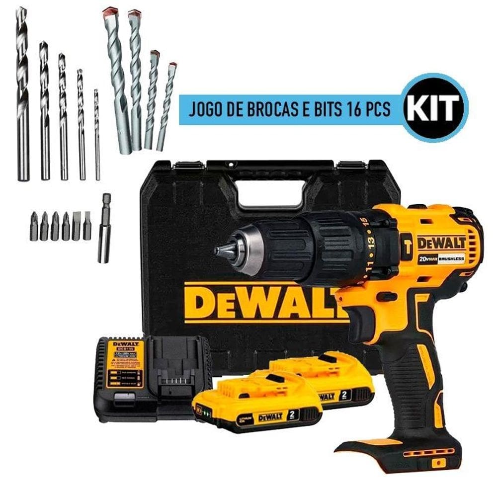 Parafusadeira / furadeira impacto 1/2 2 bateria 20v dewalt dcd7781d2-br acompanha jogo de broca e bits 16 pecas