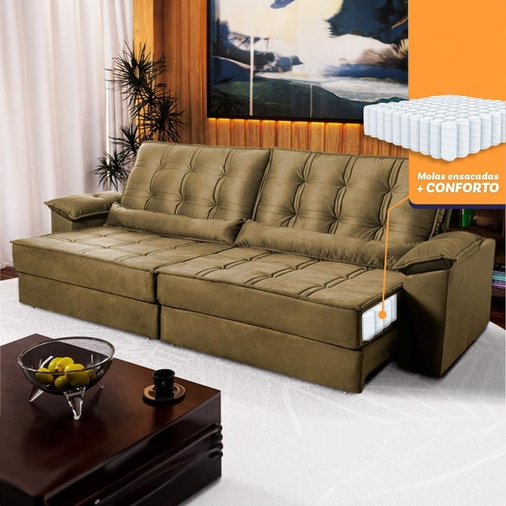 Sofá Retrátil Reclinável 3,00m Ascari Suede Velut Bege molas Ensacadas - King House