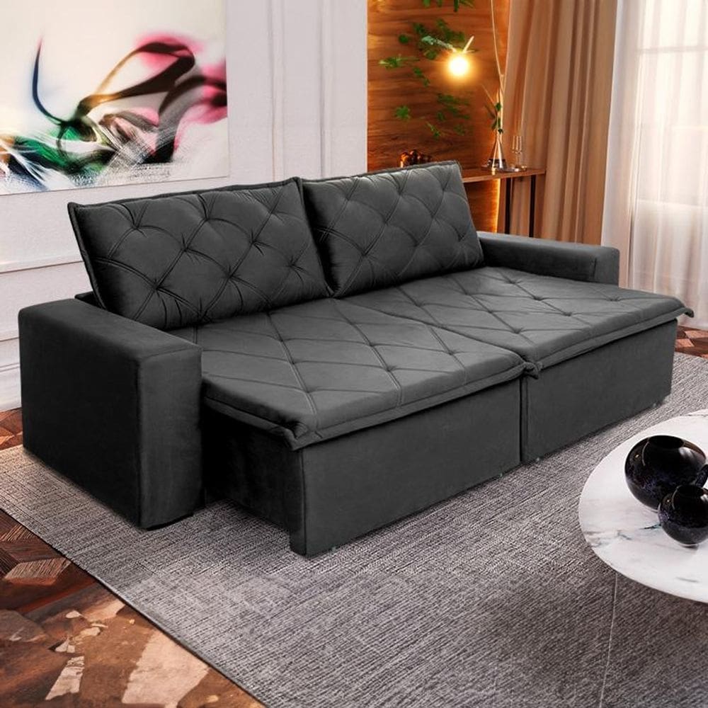 Sofá Cama Bangkok Sem Caixa 2,50m Retrátil e Reclinável Com Molas Velut Cinza - King House