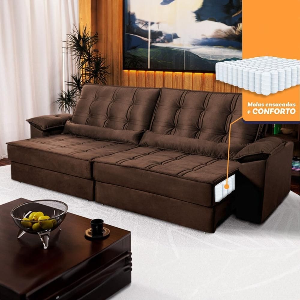 Sofá Retrátil Reclinável 3,00m Ascari Suede Velut Marrom molas Ensacadas - King House