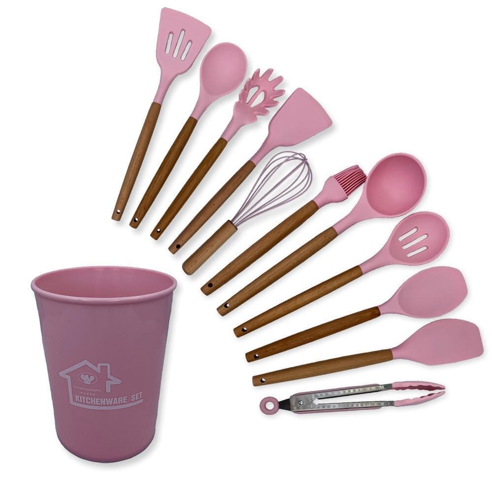 Kit Conjunto De Utensilios Silicone 12 Peças Copo Suporte