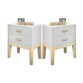 kit 2 mesa de cabeceira infantil branca com gavetas pes e puxador de madeira estilo retro unissex