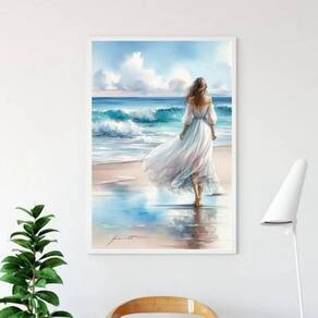 Quadro Mulher Caminhando Praia Aquarela 24X18Cm