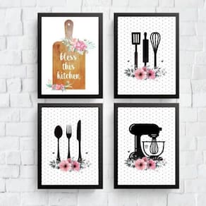 Kit 4 Quadros Cozinha Poá -Preto E Rosa 24X18Cm