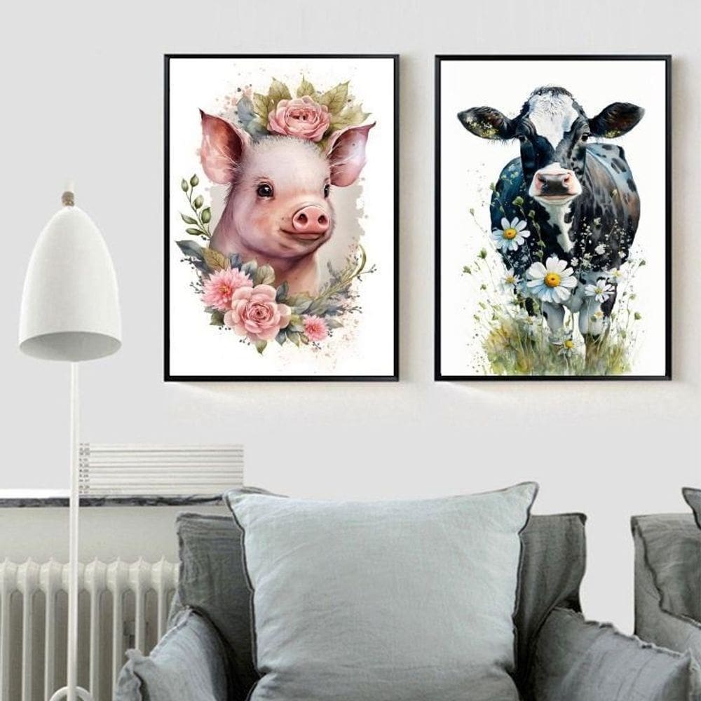 Kit 2 Quadros Vaquinha E Porquinho Floral 45X34Cm