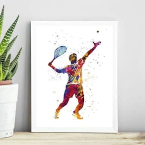 Quadro Jogador De Tênis - Aquarela 24X18Cm - Com Vidro