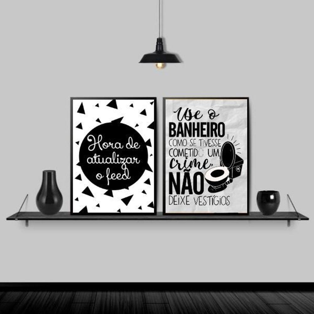 Kit 2 Quadros Divertidos Para Banheiro 45X34 - Madeira Preta