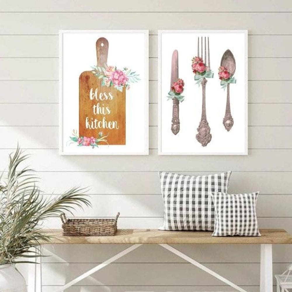 Kit 2 Quadros Decorativos Cozinha Abençoada 33X24Cm - Vidro