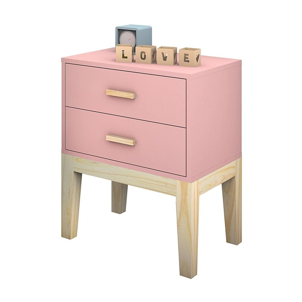 mesa cabeceira quarto criança decoração rosa pes de madeira