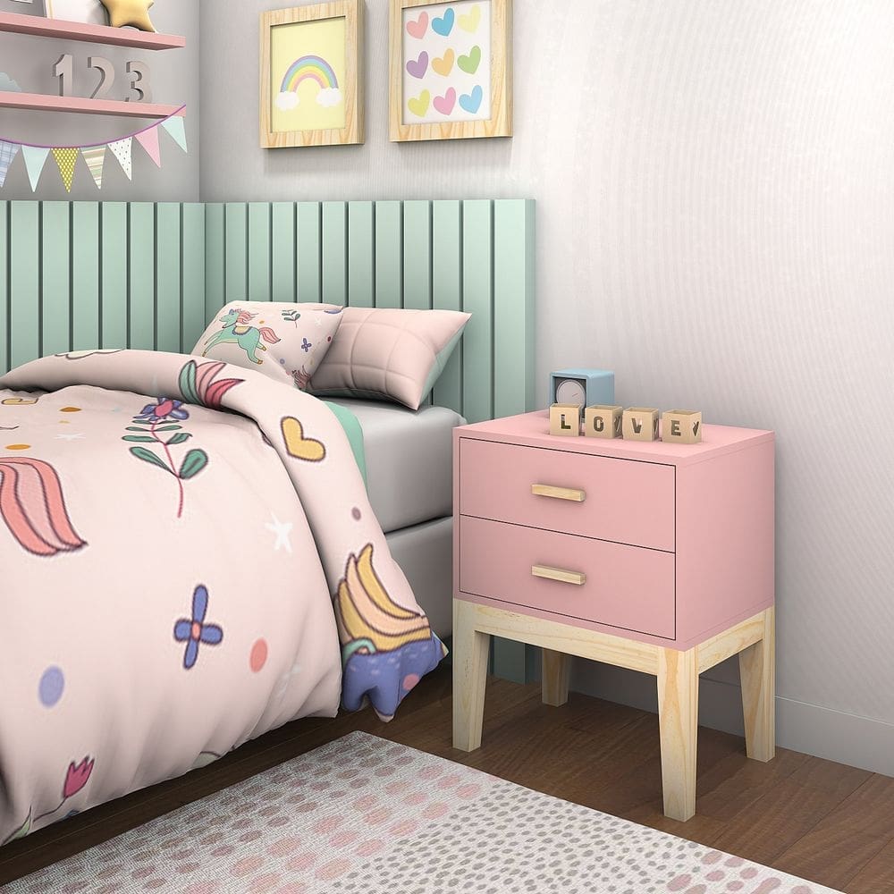 mesa de cabeceira quarto infantil rosa com pes de madeira