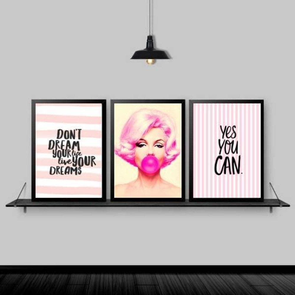 Kit 3 Quadros Marilyn Life Your Dreams 33X24Cm Moldura Preta