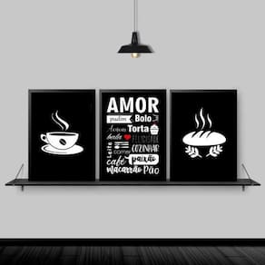 Kit 3 Quadros Cozinha Amor Nomes De Comida 33X24 Vidro Preta