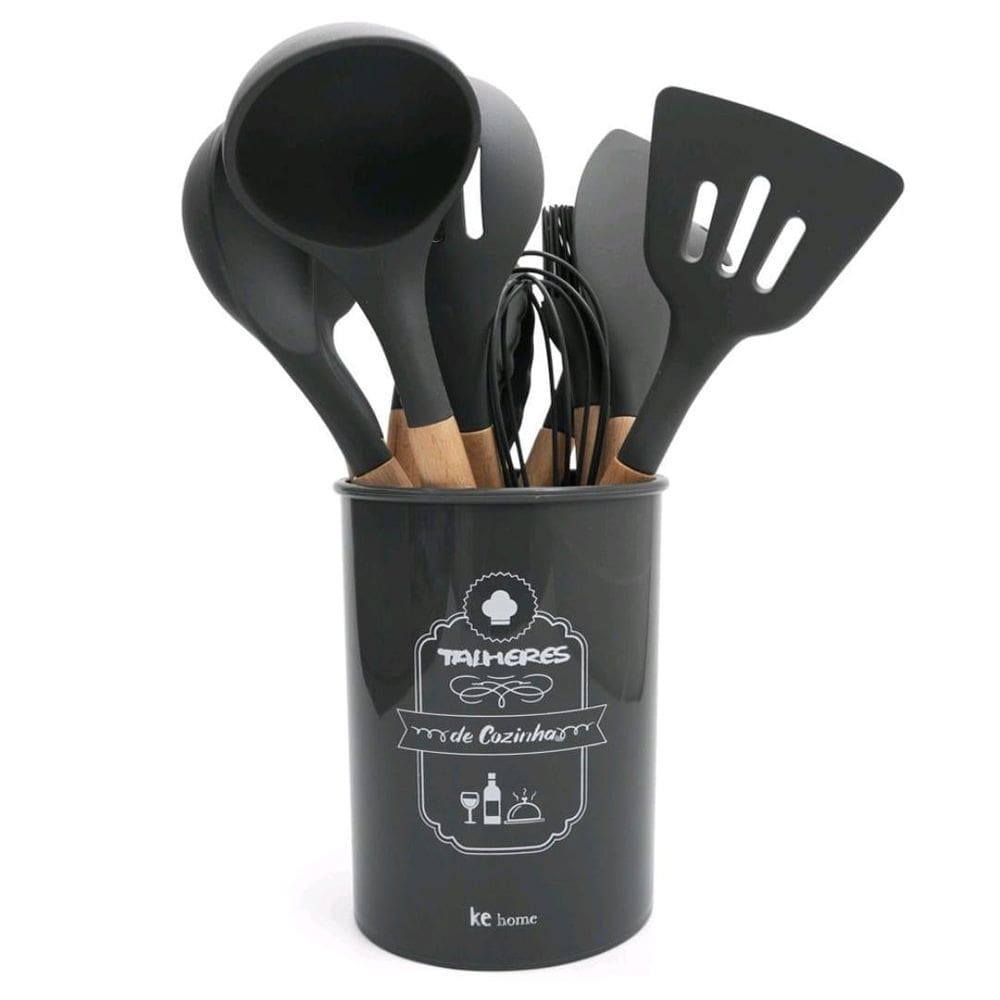 Kit 12 Pecas Utensilios Cozinha Silicone Cabo Madeira Cinza