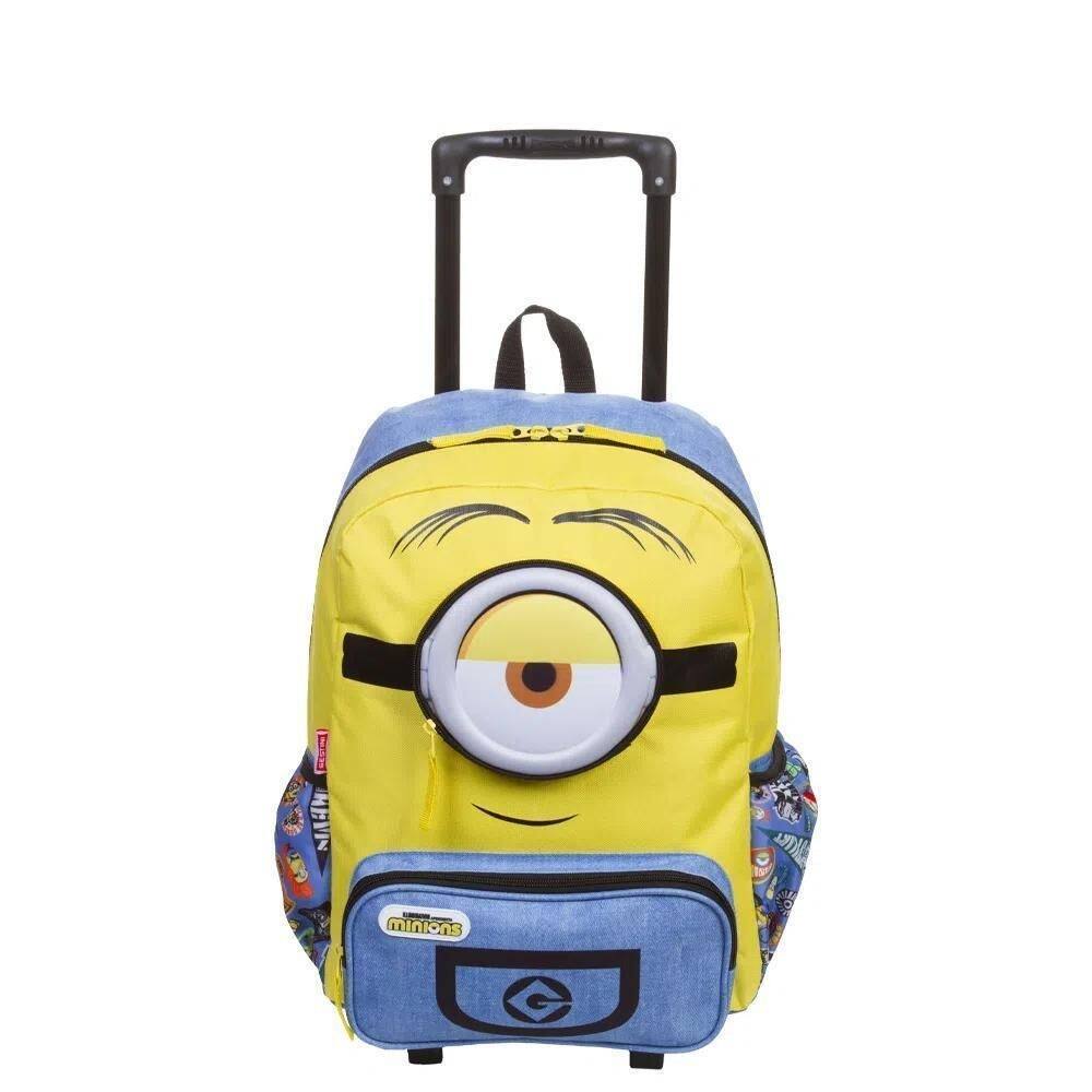 Mochila Escolar com Rodinhas Minions Azul e Amarela Sestini
