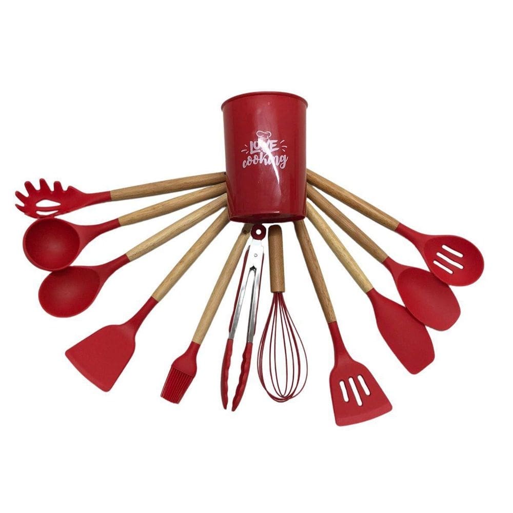Jogo 12 Utensílios Silicone Colher Concha Pegador Vermelho