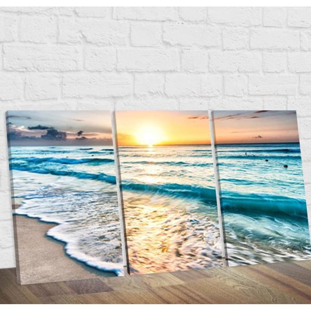 Trio De Quadros Canvas Partido Pôr Do Sol Na Praia 50x80cm