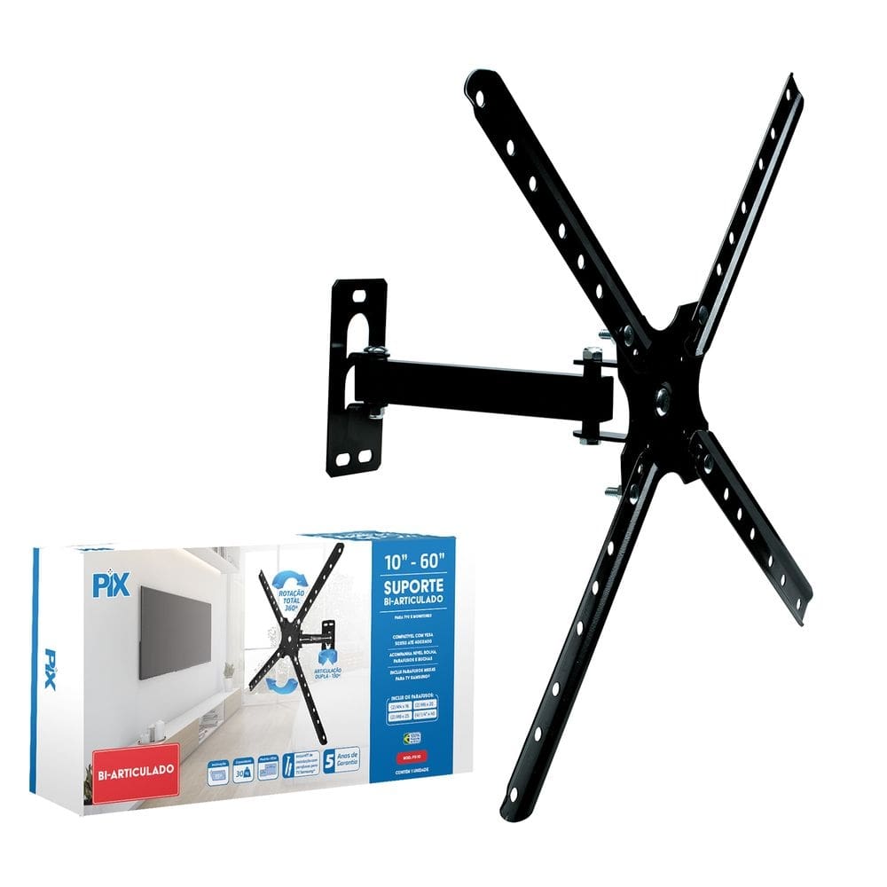 Suporte Para Monitor e TV Pix Bi-Articulado 10&quot; a 60&quot; 360° Graus Preto - PX-10
