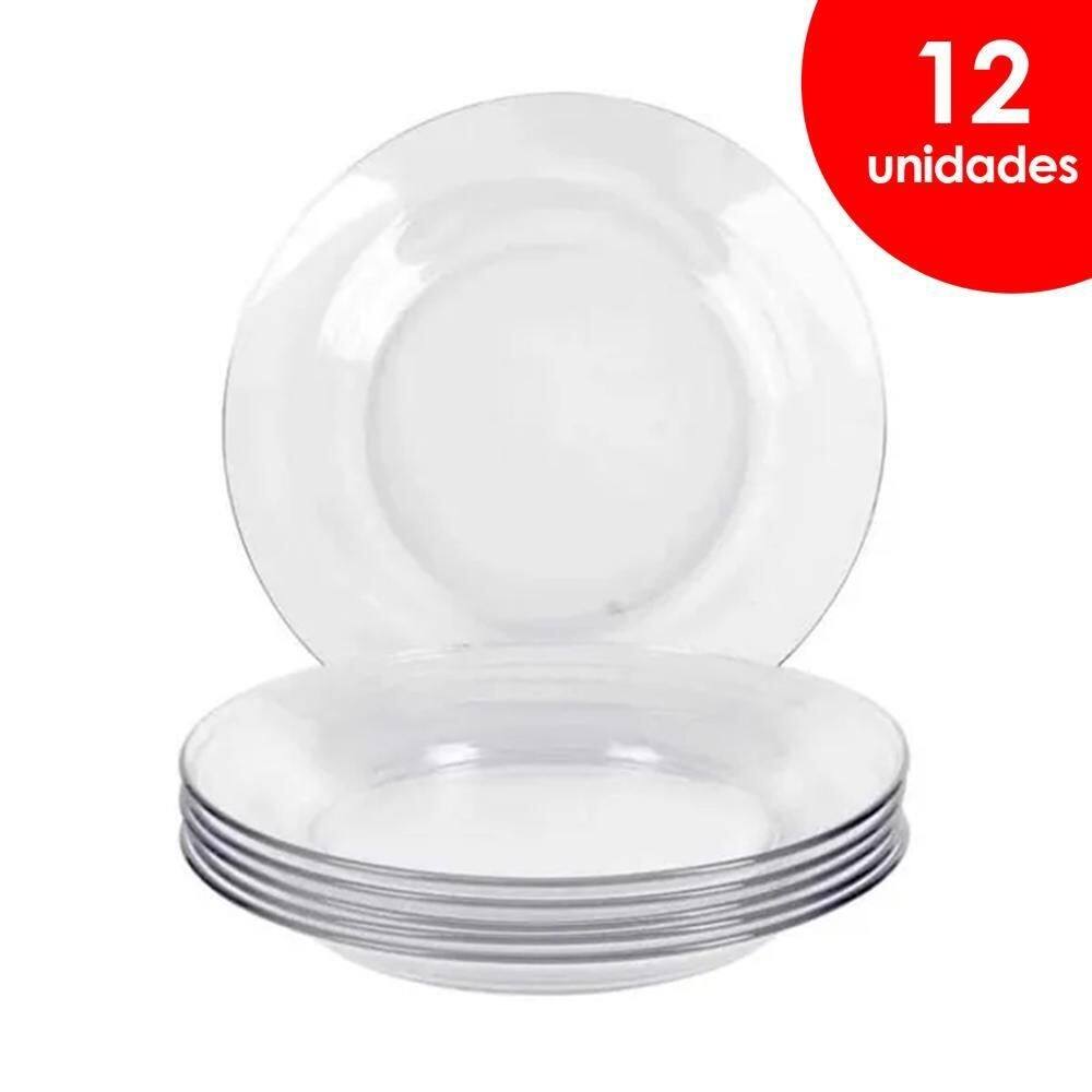 Jogo 12 pratos fundo refeição vidro transparente resistente