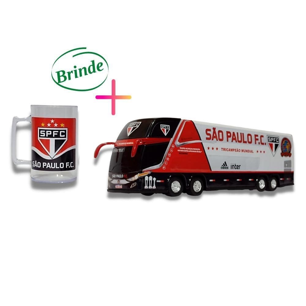 Brinquedo miniatura ônibus são paulo fc com a caneca
